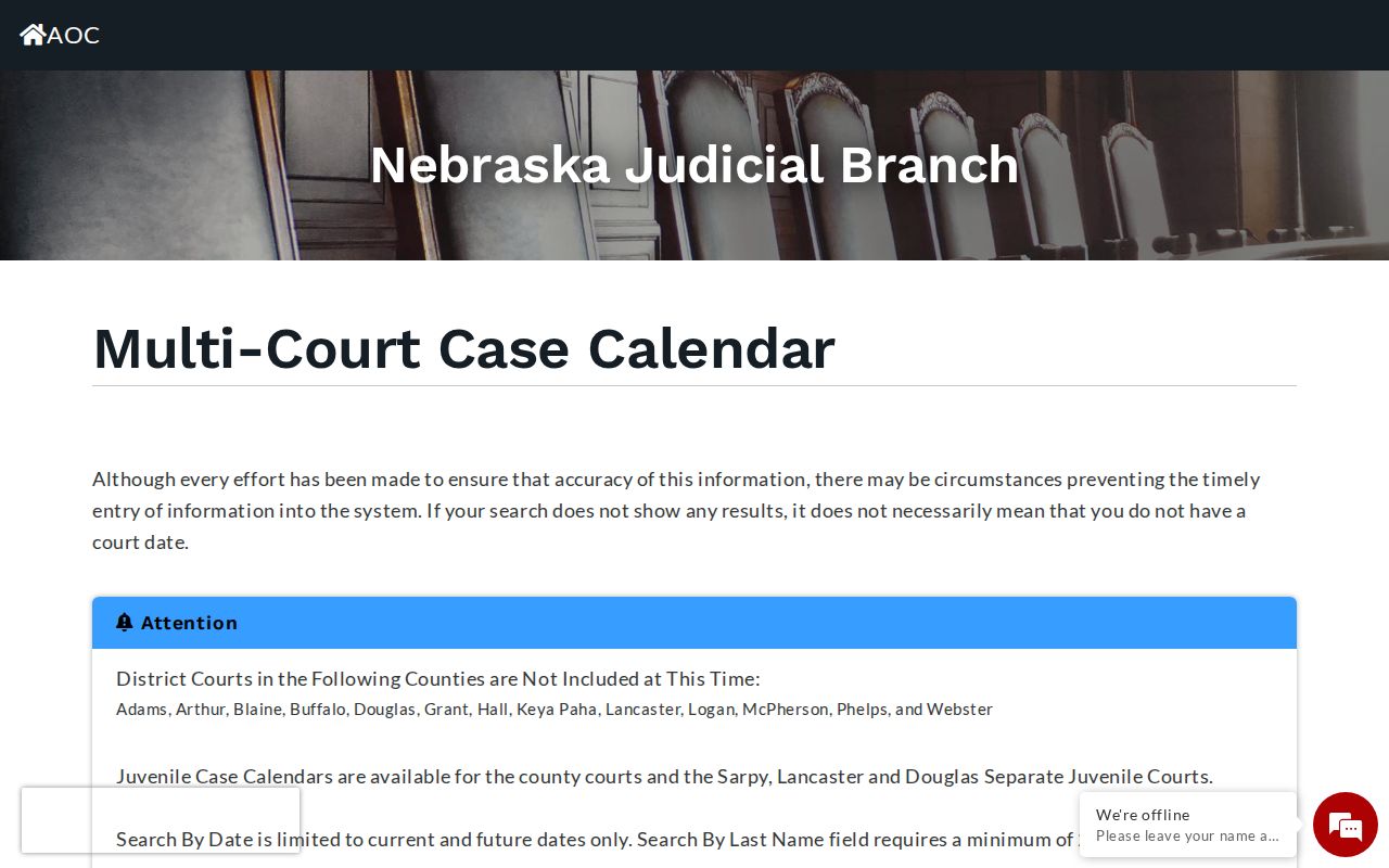 Logan County and District Court calendar selectors for warrant research