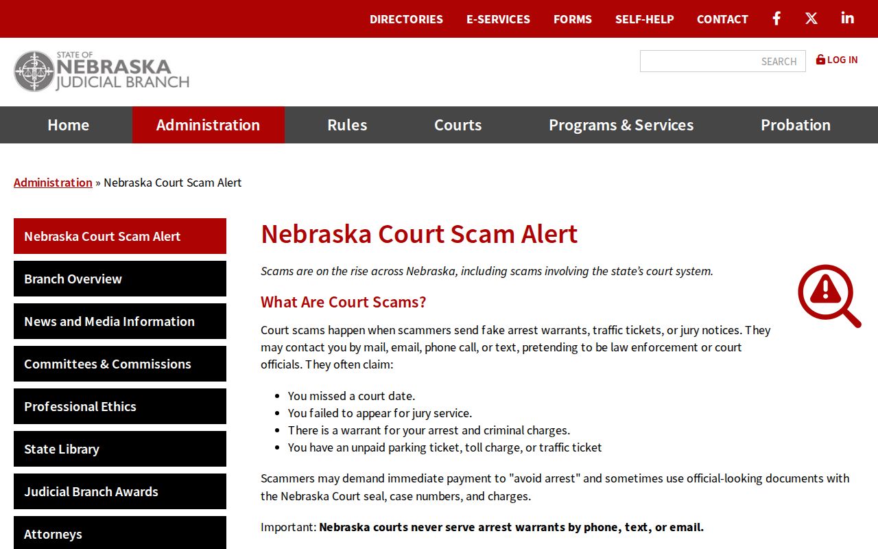 Official Nebraska court scam warning relevant to Logan County traffic warrants
